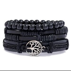 3pc bracelets set leather beaded beads black New b39